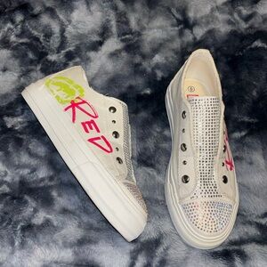 Ecko Unlimited White Rhinestone Slip-On Sneakers with Neon Pink & Lime Graffiti